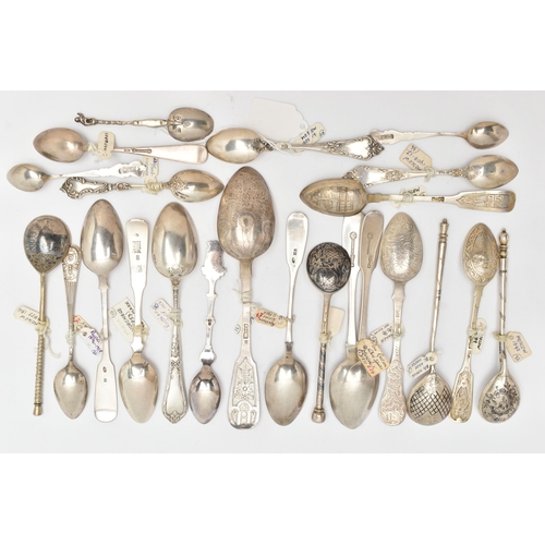 181 - A BAG OF LATE 19TH AND 20TH CENTURY RUSSIAN SILVER AND WHITE METAL SPOONS, various patterns and desi... 