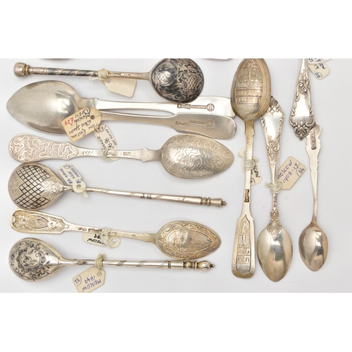 181 - A BAG OF LATE 19TH AND 20TH CENTURY RUSSIAN SILVER AND WHITE METAL SPOONS, various patterns and desi... 