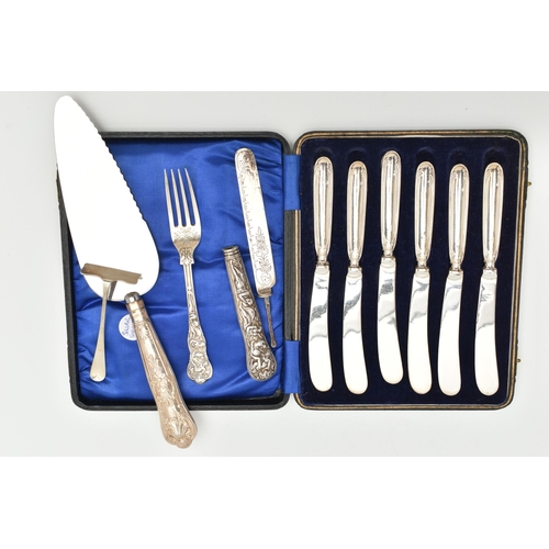 182 - AN ASSORTMENT OF SILVER ITEMS, to include a cased set of six silver handled tea knives, hallmarked '... 