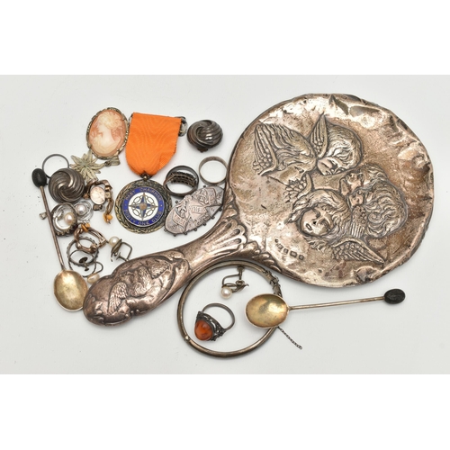 183 - A BAG OF JEWELLERY AND A SILVER VANITY MIRROR, to include a silver hinged bangle, hallmarked Birming... 