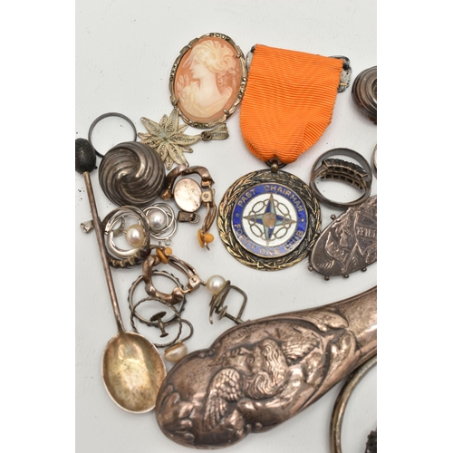 183 - A BAG OF JEWELLERY AND A SILVER VANITY MIRROR, to include a silver hinged bangle, hallmarked Birming... 