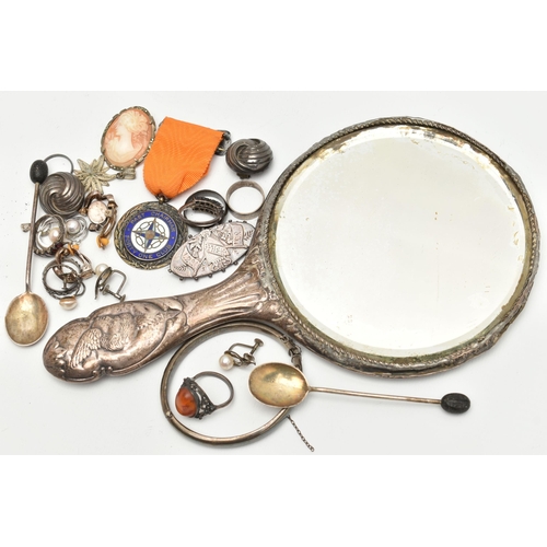 183 - A BAG OF JEWELLERY AND A SILVER VANITY MIRROR, to include a silver hinged bangle, hallmarked Birming... 