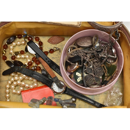 186 - A TRAVEL CASE WITH ITEMS, to include two silver 'Walker & Hall' propelling pencils, each hallmarked ... 