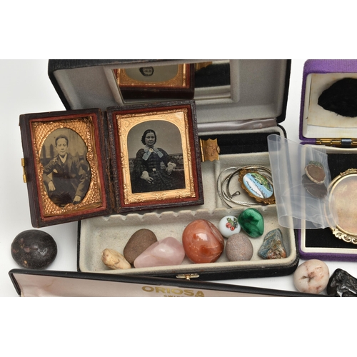 187 - A BOX OF ASSORTED ITEMS, to include a Victorian photo frame, fitted with one Victorian early photogr... 