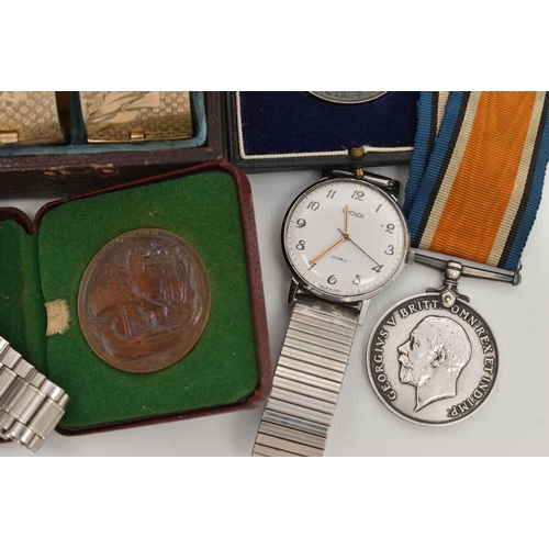 191 - A BOX OF MEDALS, MEDALLIONS AND TWO WRISTWATCHES, to include a WWI 1914-1919 Victory medal with ribb... 