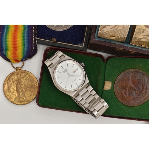 191 - A BOX OF MEDALS, MEDALLIONS AND TWO WRISTWATCHES, to include a WWI 1914-1919 Victory medal with ribb... 