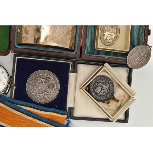 191 - A BOX OF MEDALS, MEDALLIONS AND TWO WRISTWATCHES, to include a WWI 1914-1919 Victory medal with ribb... 