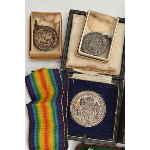 191 - A BOX OF MEDALS, MEDALLIONS AND TWO WRISTWATCHES, to include a WWI 1914-1919 Victory medal with ribb... 