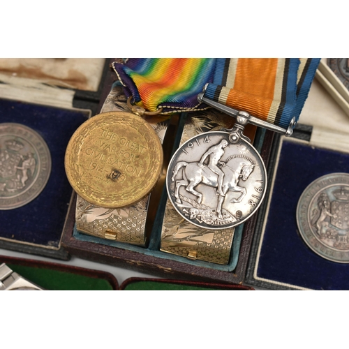 191 - A BOX OF MEDALS, MEDALLIONS AND TWO WRISTWATCHES, to include a WWI 1914-1919 Victory medal with ribb... 