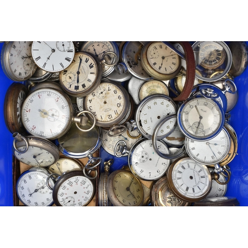 198 - A BOX OF ASSORTED POCKET WATCHES AND STOP WATCHES, a boxed 'Fidlay & Co' stop watch, novelty pocket ... 