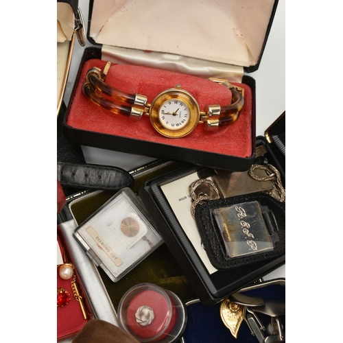 199 - A BOX OF ASSORTED SILVER JEWELLERY AND WATCHES, to include a silver ingot, hallmarked Birmingham, su... 