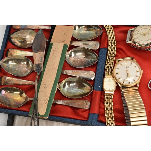 201 - A BOX OF ASSORTED ITEMS, to include a gents gold plated 'Oris' manual wind wristwatch fitted with a ... 