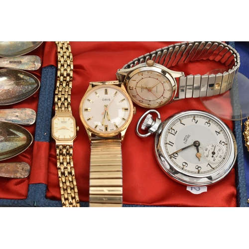 201 - A BOX OF ASSORTED ITEMS, to include a gents gold plated 'Oris' manual wind wristwatch fitted with a ... 