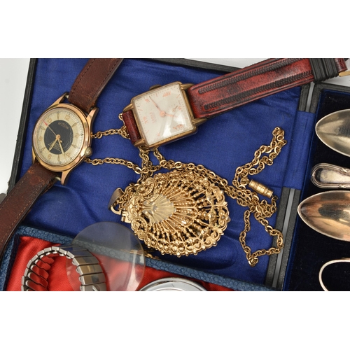 201 - A BOX OF ASSORTED ITEMS, to include a gents gold plated 'Oris' manual wind wristwatch fitted with a ... 