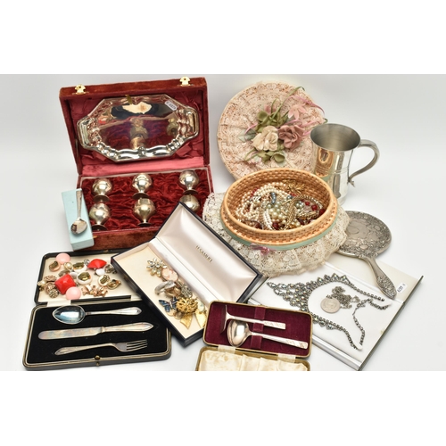 208 - A BOX OF ASSORTED ITEMS, to include a basket of costume jewellery to include brooches, beaded neckla... 