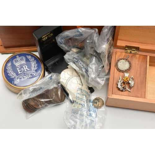 209 - A BOX OF COINS AND ITEMS, to include a bag of British One Penny coins, a bag of Half Penny coins, a ... 