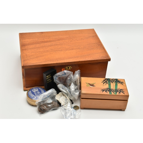 209 - A BOX OF COINS AND ITEMS, to include a bag of British One Penny coins, a bag of Half Penny coins, a ... 