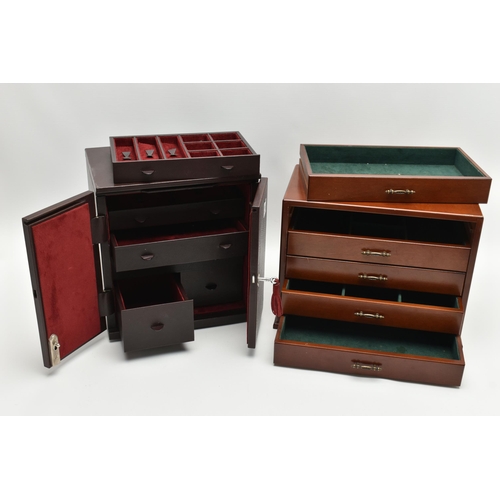 210 - TWO JEWELLERY BOXES, the first a wooden box with five draws of storage, approximate dimensions heigh... 