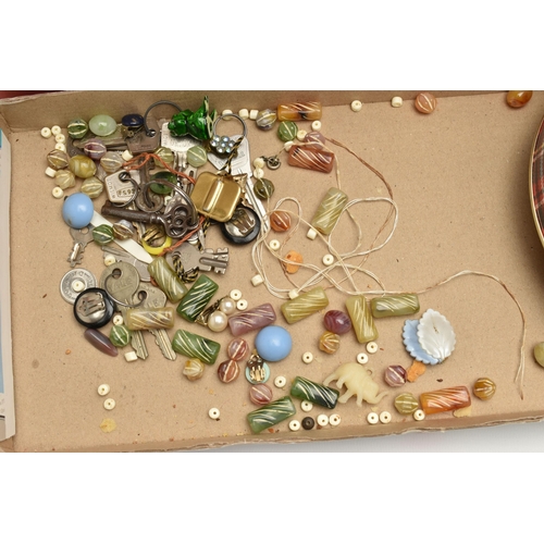 211 - A BOX OF ASSORTED COSTUME JEWELLERY AND ITEMS, to include a multi storage cream jewellery box with c... 