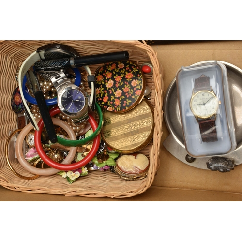 211 - A BOX OF ASSORTED COSTUME JEWELLERY AND ITEMS, to include a multi storage cream jewellery box with c... 