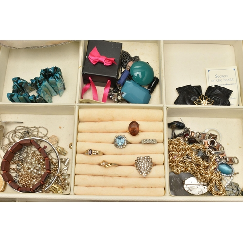 211 - A BOX OF ASSORTED COSTUME JEWELLERY AND ITEMS, to include a multi storage cream jewellery box with c... 