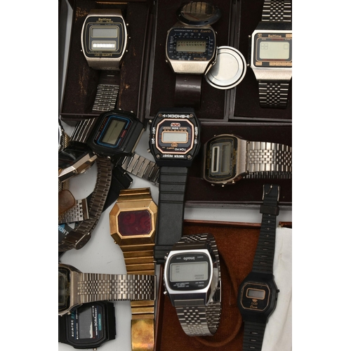 213 - A LARGE ASSORTMENT OF DIGITAL WATCHES, a box of ladys and gents digital watches, names to include 'G... 