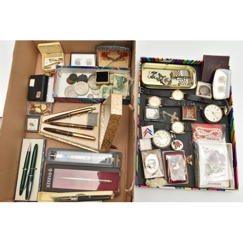 214 - A BOX OF ASSORTED ITEMS, to include a silver key wound, open face pocket watch, hallmarked Birmingha... 