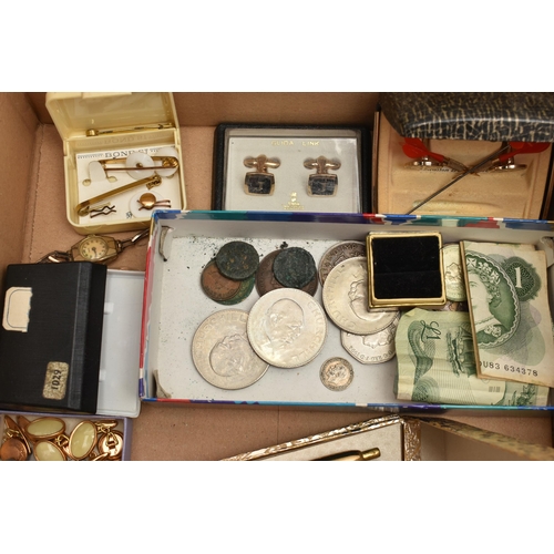 214 - A BOX OF ASSORTED ITEMS, to include a silver key wound, open face pocket watch, hallmarked Birmingha... 