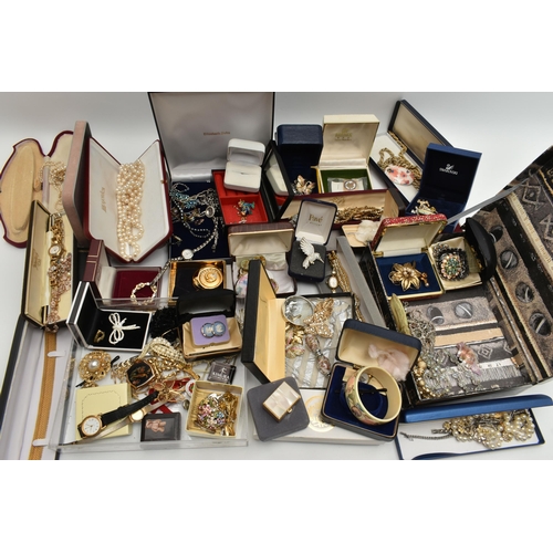 215 - A BOX OF ASSORTED COSTUME JEWELLERY, to include a long single strand 'Majorica' imitation pearl neck... 