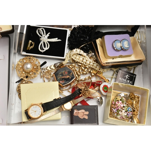 215 - A BOX OF ASSORTED COSTUME JEWELLERY, to include a long single strand 'Majorica' imitation pearl neck... 