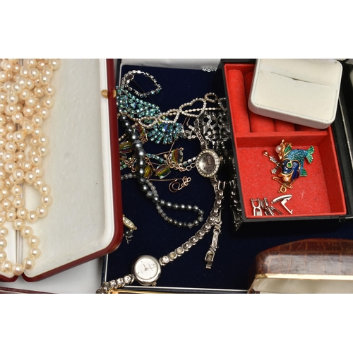 215 - A BOX OF ASSORTED COSTUME JEWELLERY, to include a long single strand 'Majorica' imitation pearl neck... 