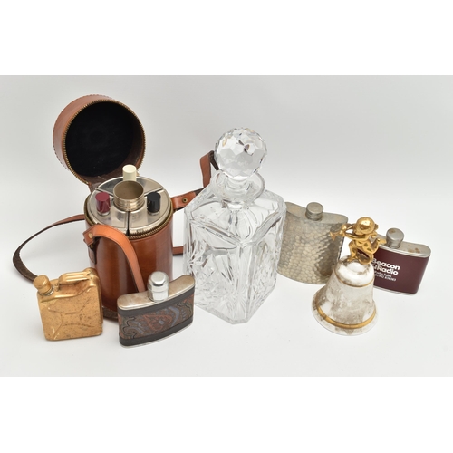 216 - A BOX OF HIP FLASKS, ETC, comprising a tan leather zipped cylindrical case containing three curved h... 