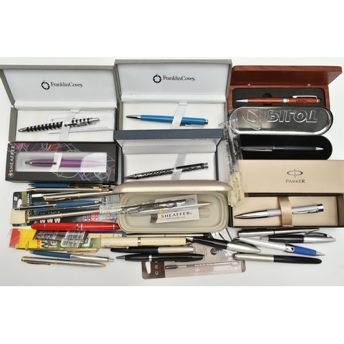 217 - A BOX OF ASSORTED PENS, to include a boxed 'Sheaffer' propelling pencil, a boxed 'Parker' ball point... 