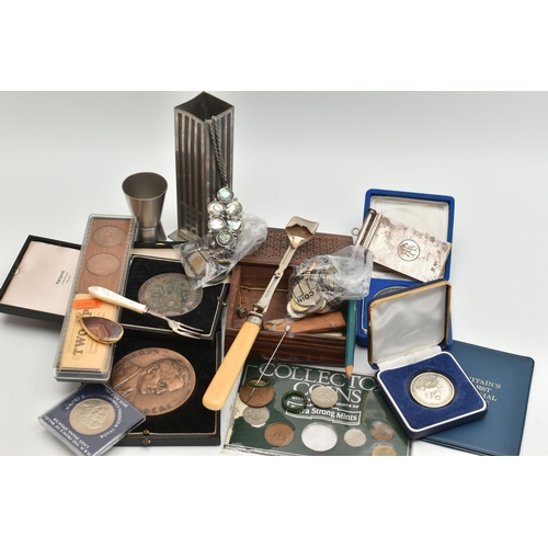 218 - A BOX OF ASSORTED ITEMS, to include a cased silver 'The Manchester Metropolitan University' medallio... 