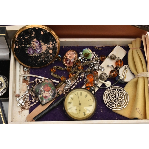 219 - A BOX OF ASSORTED ITEMS, to include a white metal, key wound, open face pocket watch, white dial, Ro... 