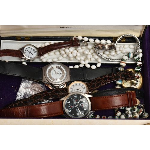 219 - A BOX OF ASSORTED ITEMS, to include a white metal, key wound, open face pocket watch, white dial, Ro... 