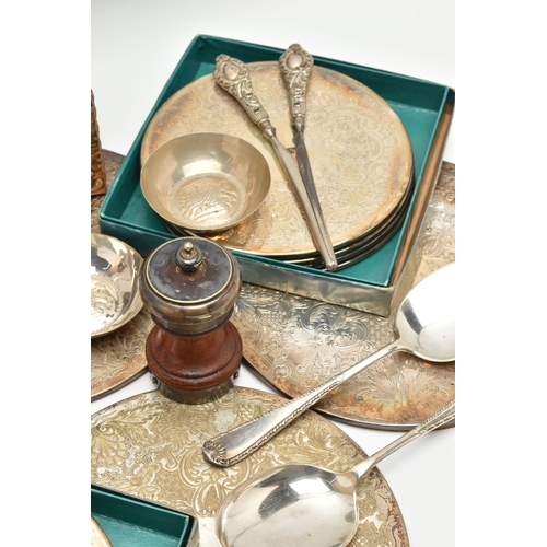 220 - A BOX OF SILVER, PLATE, WHITE METAL, TREEN AND CERAMICS, including a pair of small white metal dishe... 