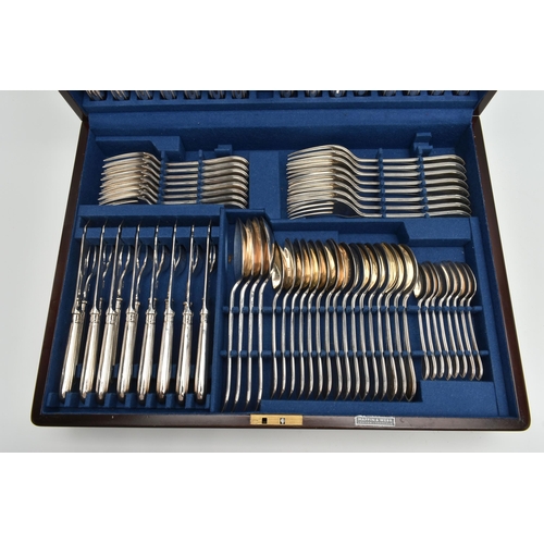 221 - AN INCOMPLETE WOODEN CANTEEN, 'Mappin & Webb' canteen of beaded silver plate cutlery, eight person t... 