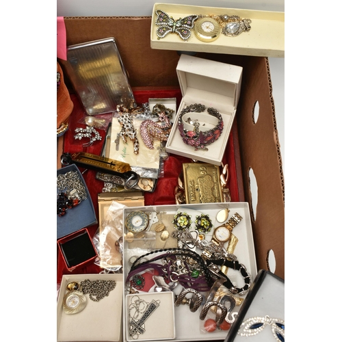 222 - A BOX OF COSTUME JEWELLERY, to include an orange cushion pinned with various brooches, together with... 