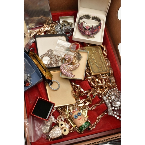 222 - A BOX OF COSTUME JEWELLERY, to include an orange cushion pinned with various brooches, together with... 