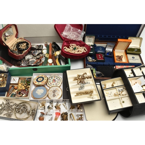 227 - A BOX OF ASSORTED COSTUME JEWELLERY AND BOXES, to include a wooden canteen box containing costume je... 