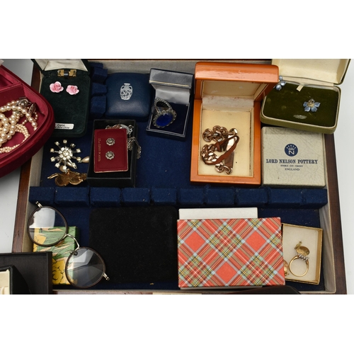 227 - A BOX OF ASSORTED COSTUME JEWELLERY AND BOXES, to include a wooden canteen box containing costume je... 