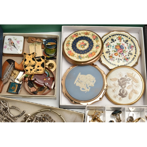 227 - A BOX OF ASSORTED COSTUME JEWELLERY AND BOXES, to include a wooden canteen box containing costume je... 