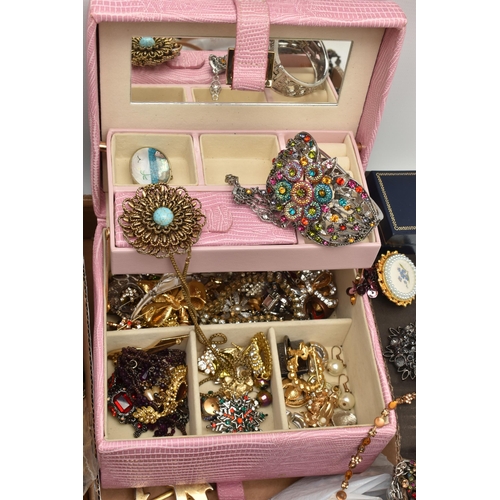 228 - A BOX OF COSTUME JEWELLERY, to include necklaces, bracelets, earrings, brooches, watches, including ... 