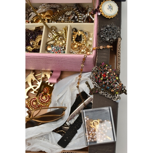 228 - A BOX OF COSTUME JEWELLERY, to include necklaces, bracelets, earrings, brooches, watches, including ... 