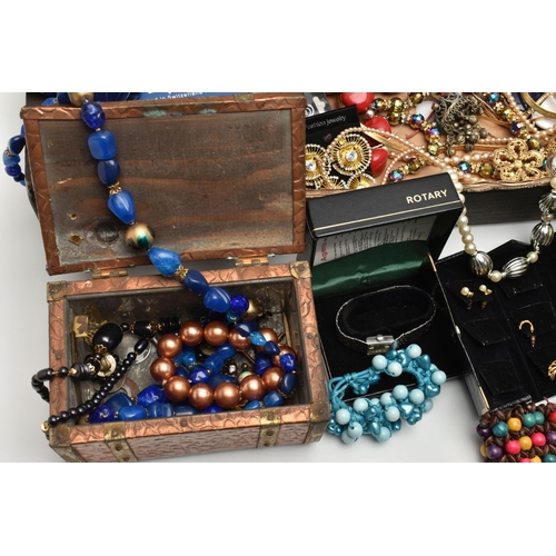 228 - A BOX OF COSTUME JEWELLERY, to include necklaces, bracelets, earrings, brooches, watches, including ... 