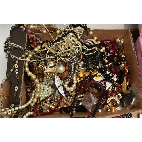 228 - A BOX OF COSTUME JEWELLERY, to include necklaces, bracelets, earrings, brooches, watches, including ... 