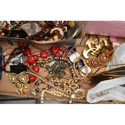 228 - A BOX OF COSTUME JEWELLERY, to include necklaces, bracelets, earrings, brooches, watches, including ... 