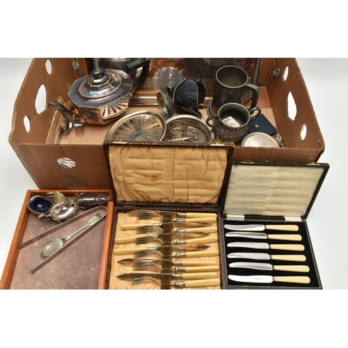 230 - A BOX OF ASSORTED WHITE METAL WARE, to include a cased set of six butter knives, a cased set of fish... 