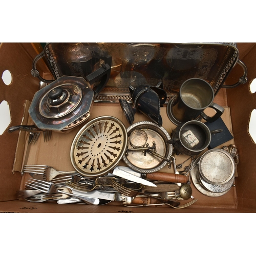 230 - A BOX OF ASSORTED WHITE METAL WARE, to include a cased set of six butter knives, a cased set of fish... 